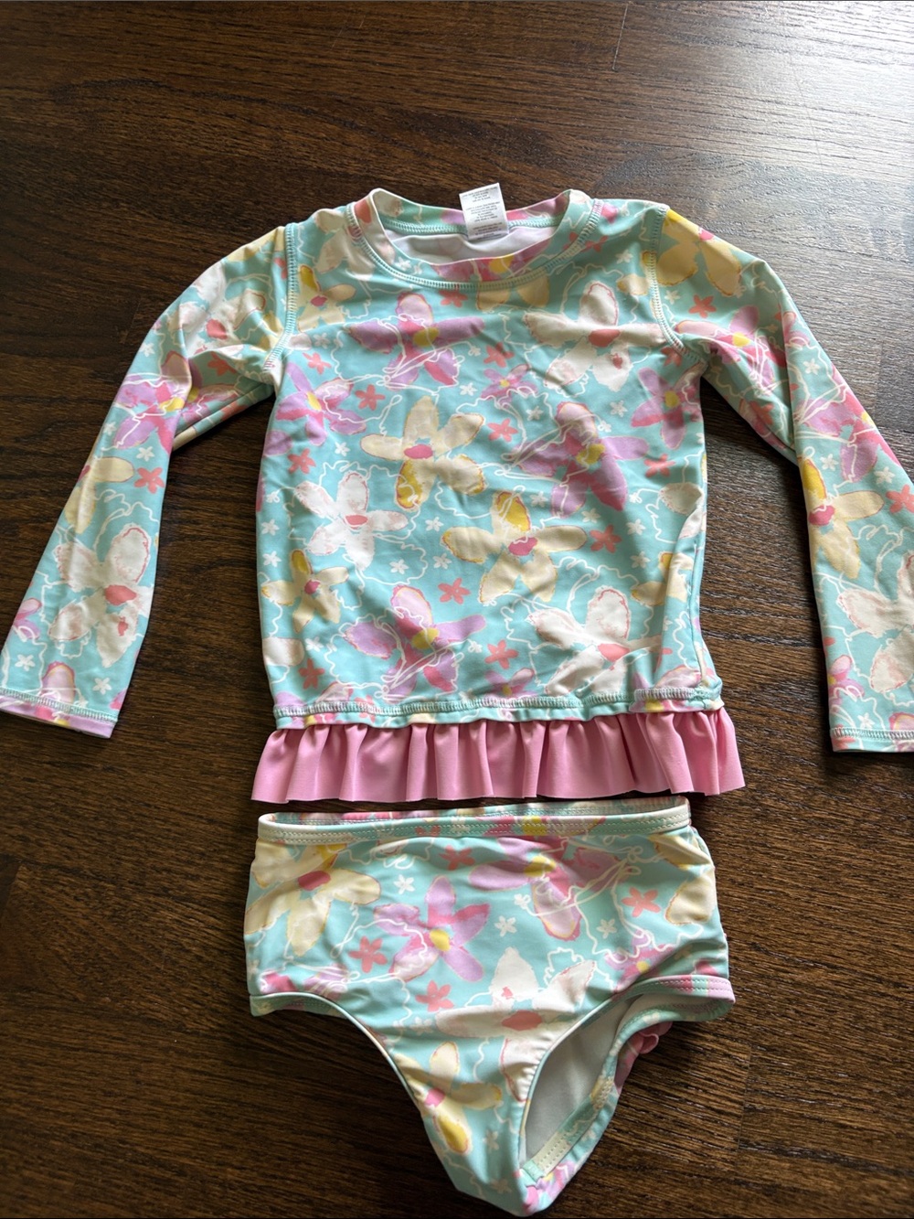 Ruffle Butts Pink & Aqua Floral Long-Sleeve Rashguard Swim Set